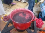 Jam splattering bubbling cauldron deep red